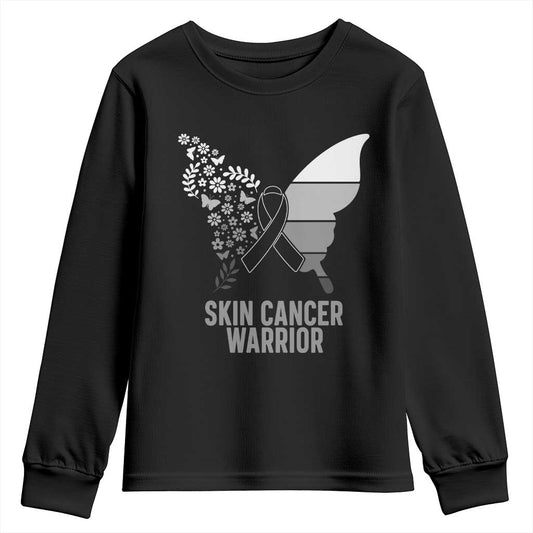 Floral Butterfly Melanoma Youth Sweatshirt Black Ribbon Warrior Support Gift