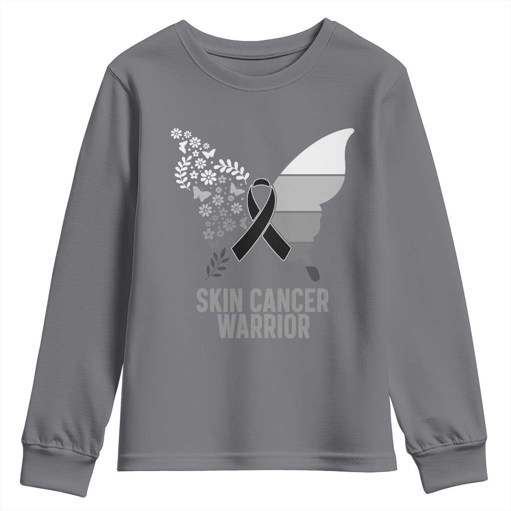 Floral Butterfly Melanoma Youth Sweatshirt Black Ribbon Warrior Support Gift