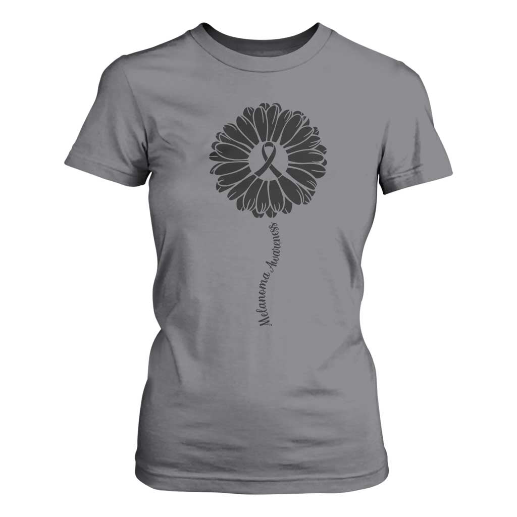 Melanoma Support Black Ribbon Flower T Shirt For Women Skin Cancer Fighter Gift