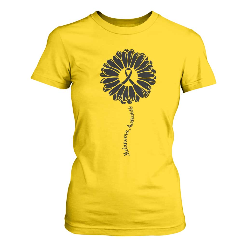 Melanoma Support Black Ribbon Flower T Shirt For Women Skin Cancer Fighter Gift