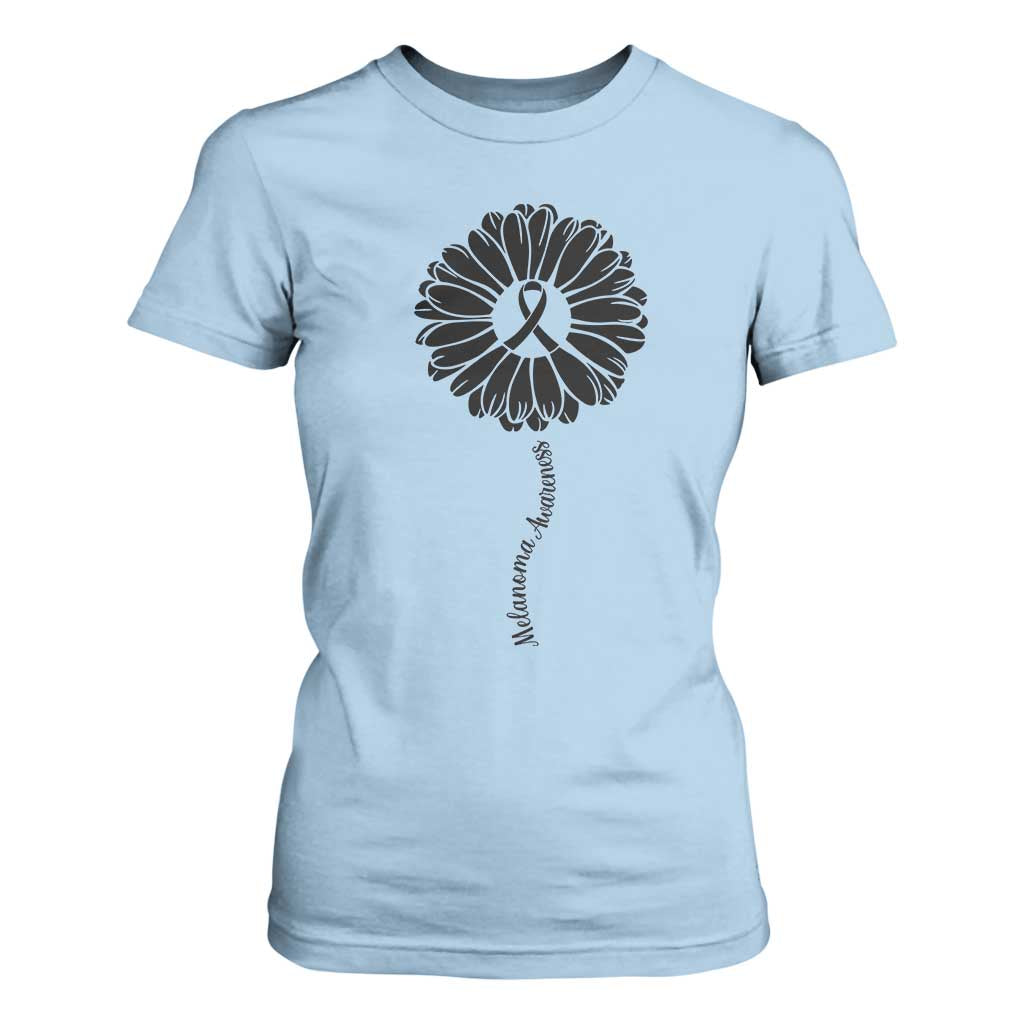 Melanoma Support Black Ribbon Flower T Shirt For Women Skin Cancer Fighter Gift