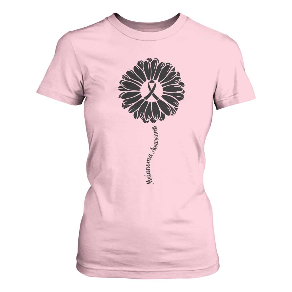 Melanoma Support Black Ribbon Flower T Shirt For Women Skin Cancer Fighter Gift
