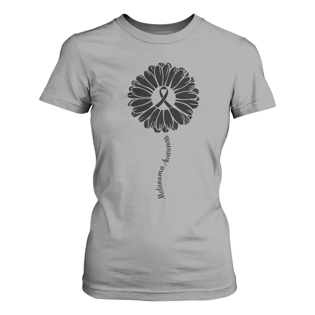 Melanoma Support Black Ribbon Flower T Shirt For Women Skin Cancer Fighter Gift