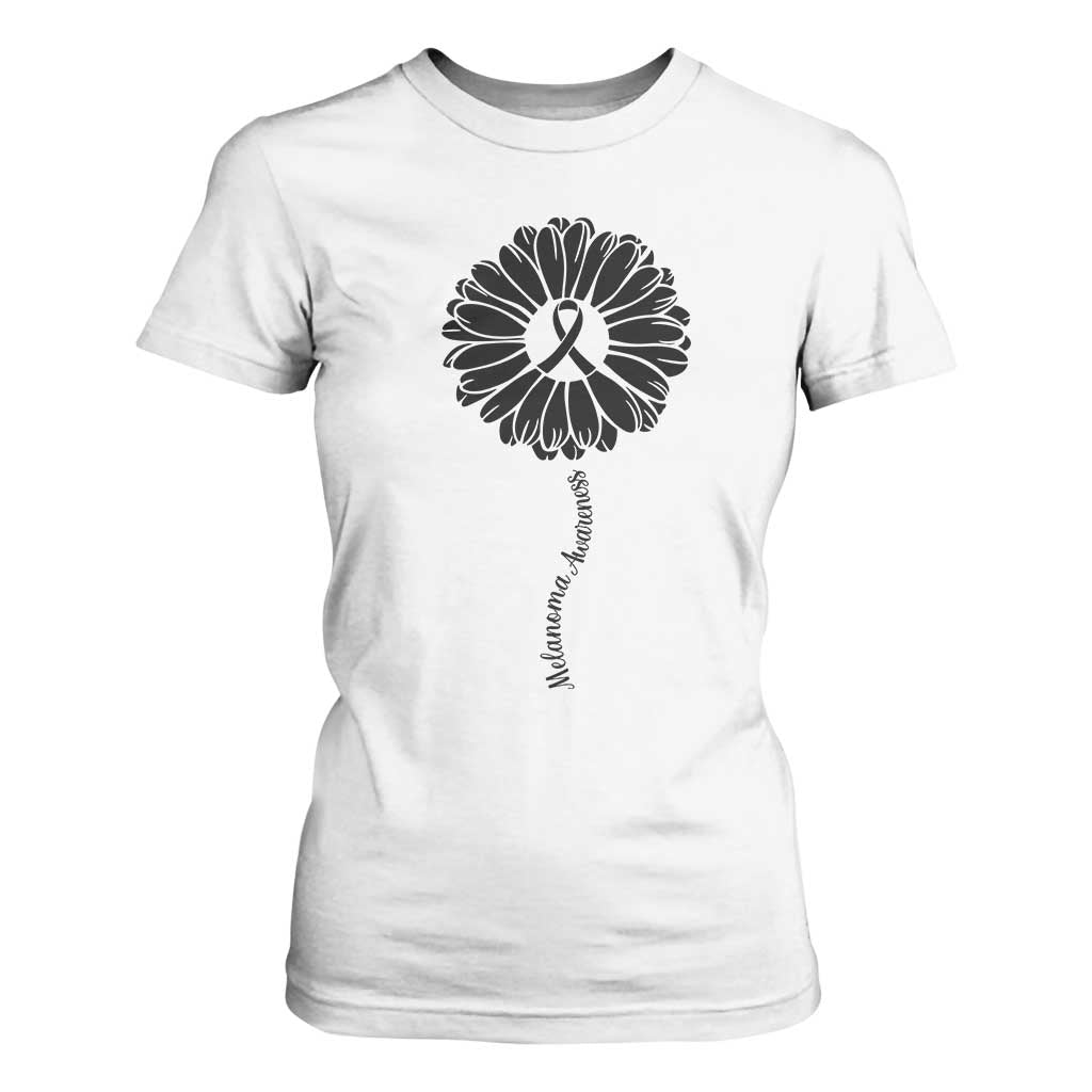 Melanoma Support Black Ribbon Flower T Shirt For Women Skin Cancer Fighter Gift