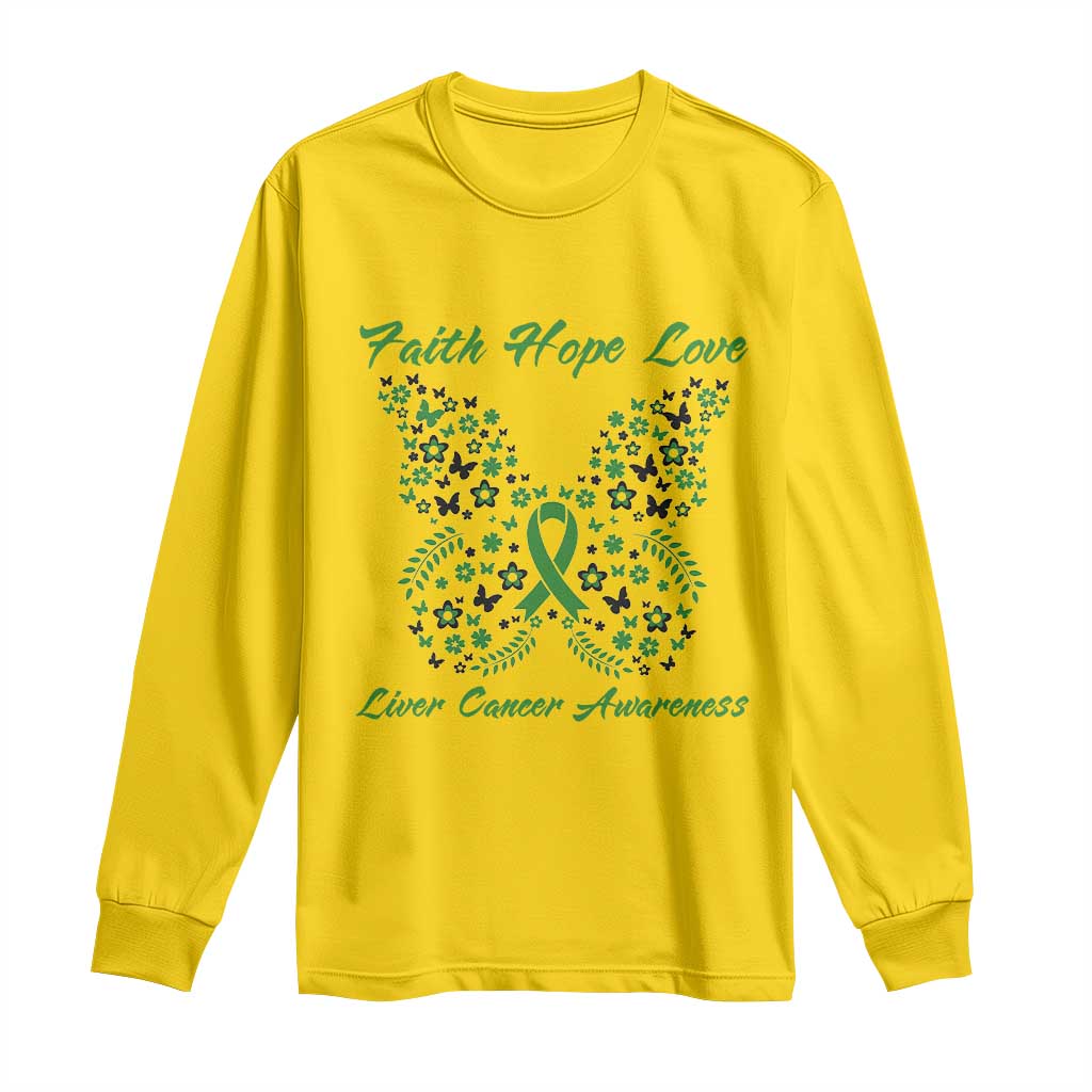 Faith Hope Love Liver Cancer Support Long Sleeve Shirt Butterfly Ribbon Floral Gift