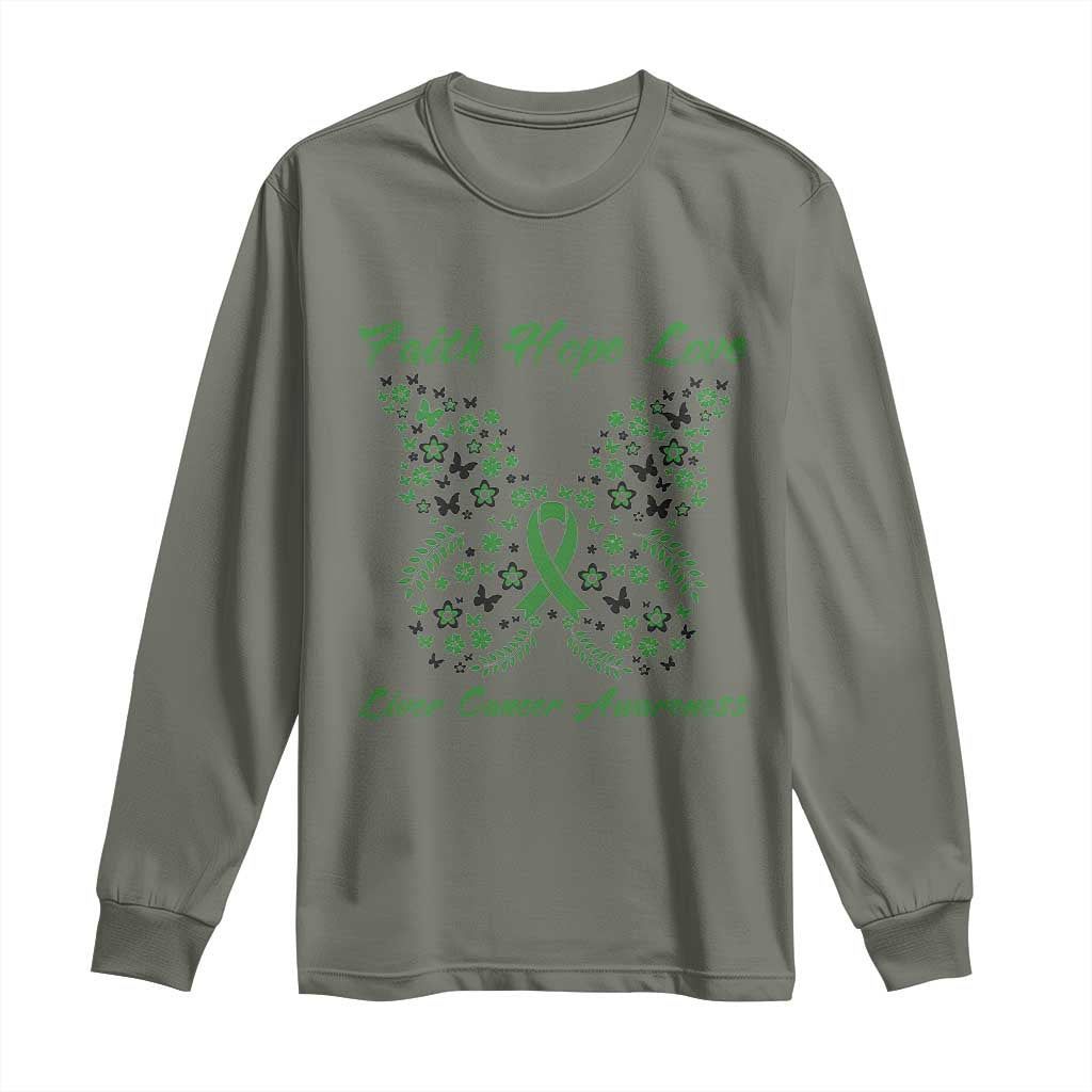 Faith Hope Love Liver Cancer Support Long Sleeve Shirt Butterfly Ribbon Floral Gift