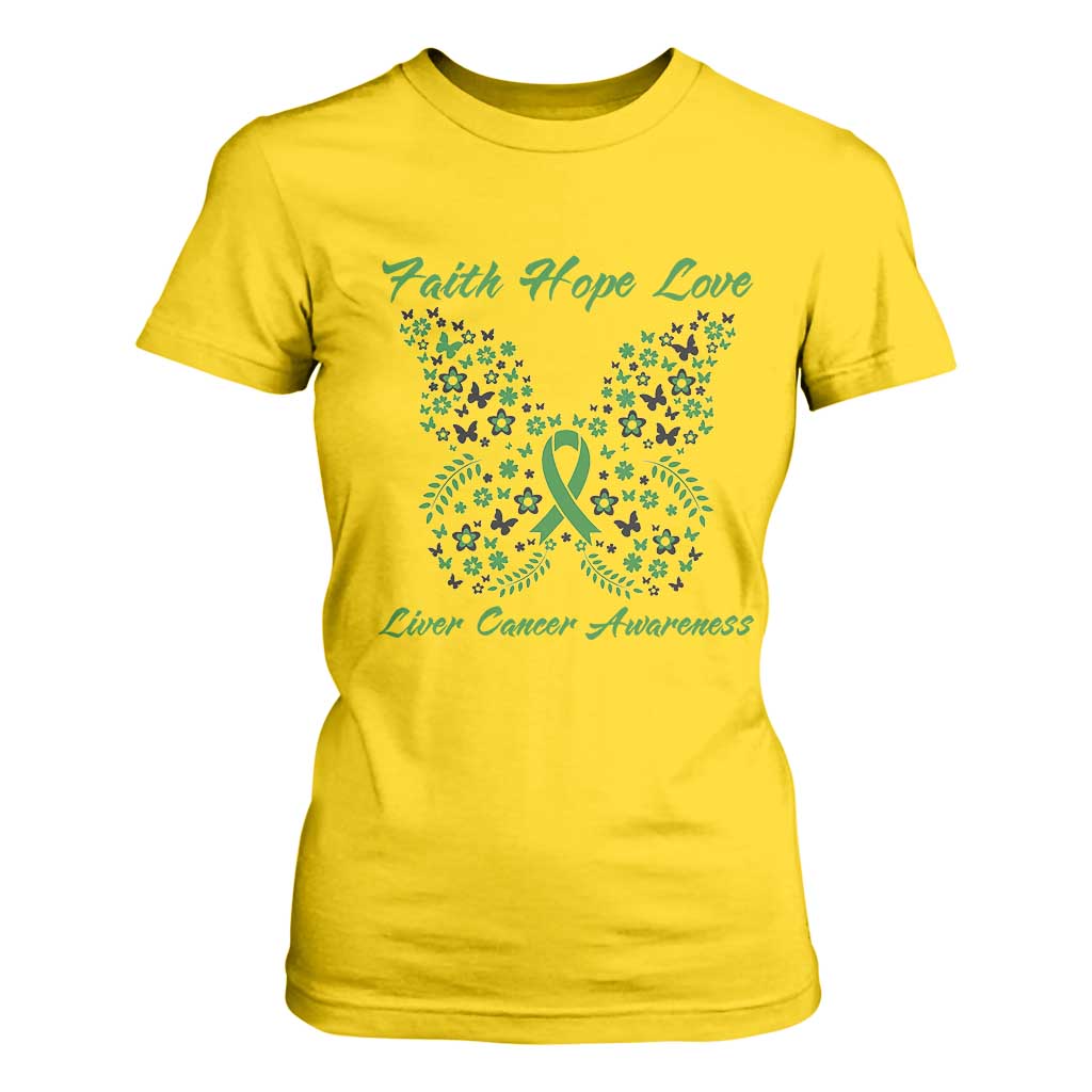 Faith Hope Love Liver Cancer Support T Shirt For Women Butterfly Ribbon Floral Gift