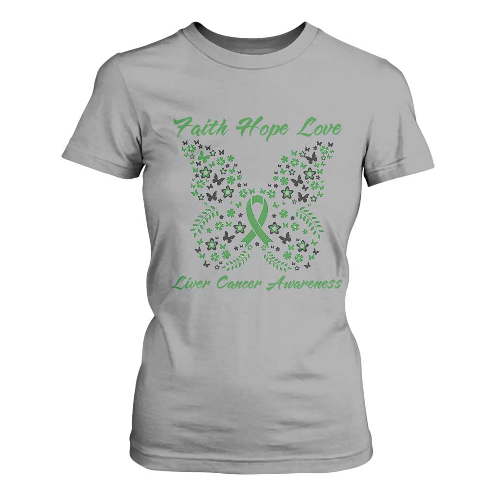 Faith Hope Love Liver Cancer Support T Shirt For Women Butterfly Ribbon Floral Gift