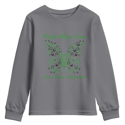 Faith Hope Love Liver Cancer Support Youth Sweatshirt Butterfly Ribbon Floral Gift