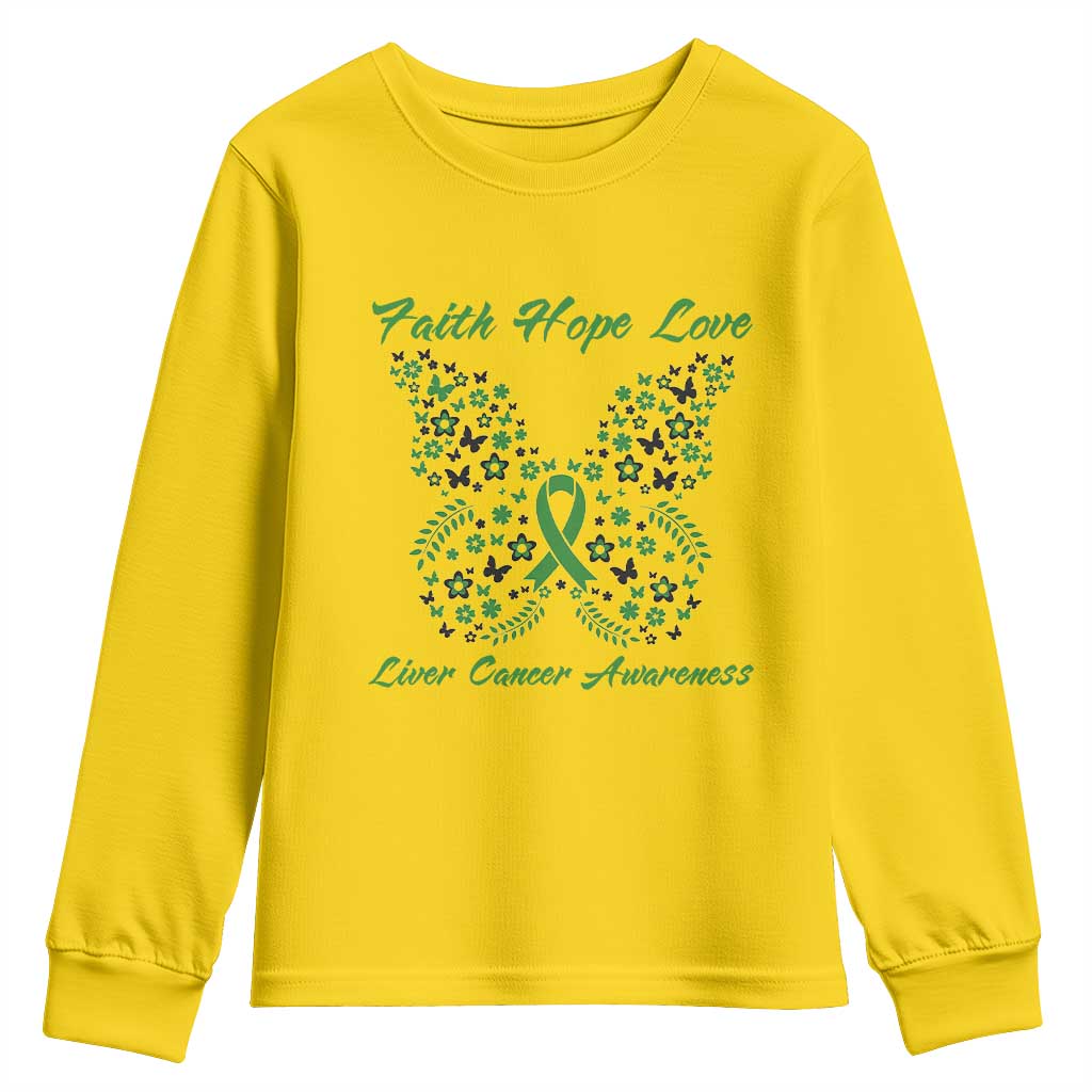Faith Hope Love Liver Cancer Support Youth Sweatshirt Butterfly Ribbon Floral Gift