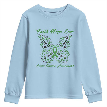 Faith Hope Love Liver Cancer Support Youth Sweatshirt Butterfly Ribbon Floral Gift