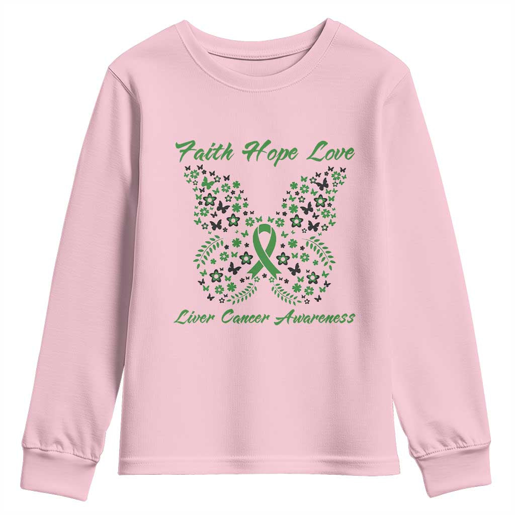 Faith Hope Love Liver Cancer Support Youth Sweatshirt Butterfly Ribbon Floral Gift