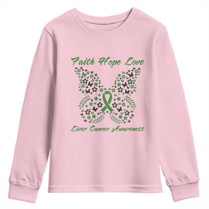 Faith Hope Love Liver Cancer Support Youth Sweatshirt Butterfly Ribbon Floral Gift