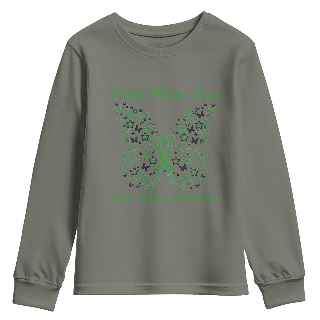 Faith Hope Love Liver Cancer Support Youth Sweatshirt Butterfly Ribbon Floral Gift