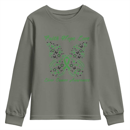 Faith Hope Love Liver Cancer Support Youth Sweatshirt Butterfly Ribbon Floral Gift
