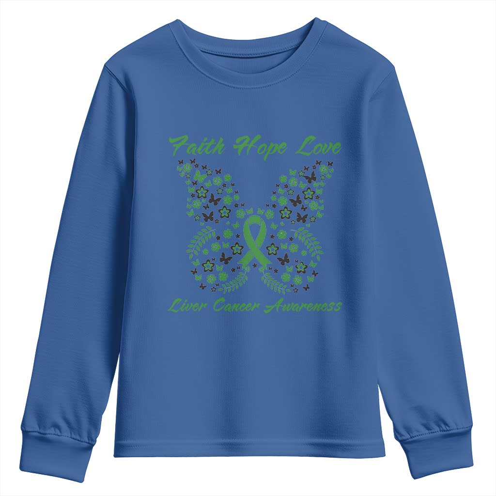 Faith Hope Love Liver Cancer Support Youth Sweatshirt Butterfly Ribbon Floral Gift