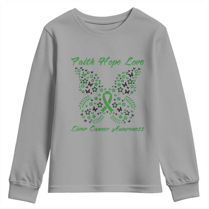 Faith Hope Love Liver Cancer Support Youth Sweatshirt Butterfly Ribbon Floral Gift