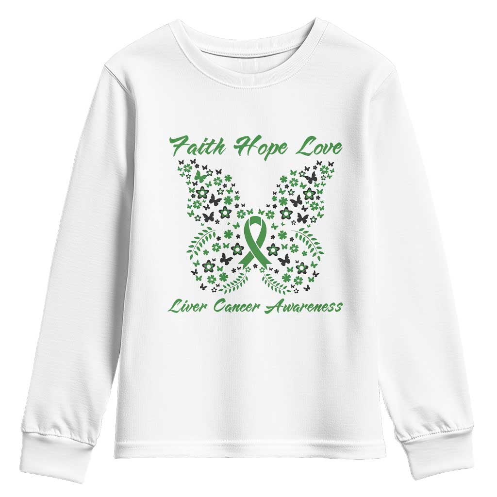 Faith Hope Love Liver Cancer Support Youth Sweatshirt Butterfly Ribbon Floral Gift