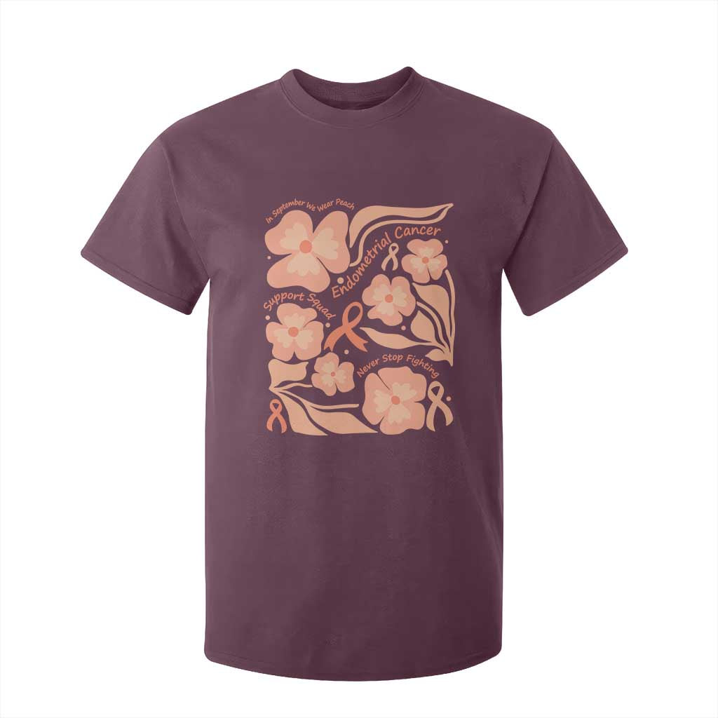 Endometrial Cancer Support Squad Floral Gift T Shirt For Kid In September We Wear Peach