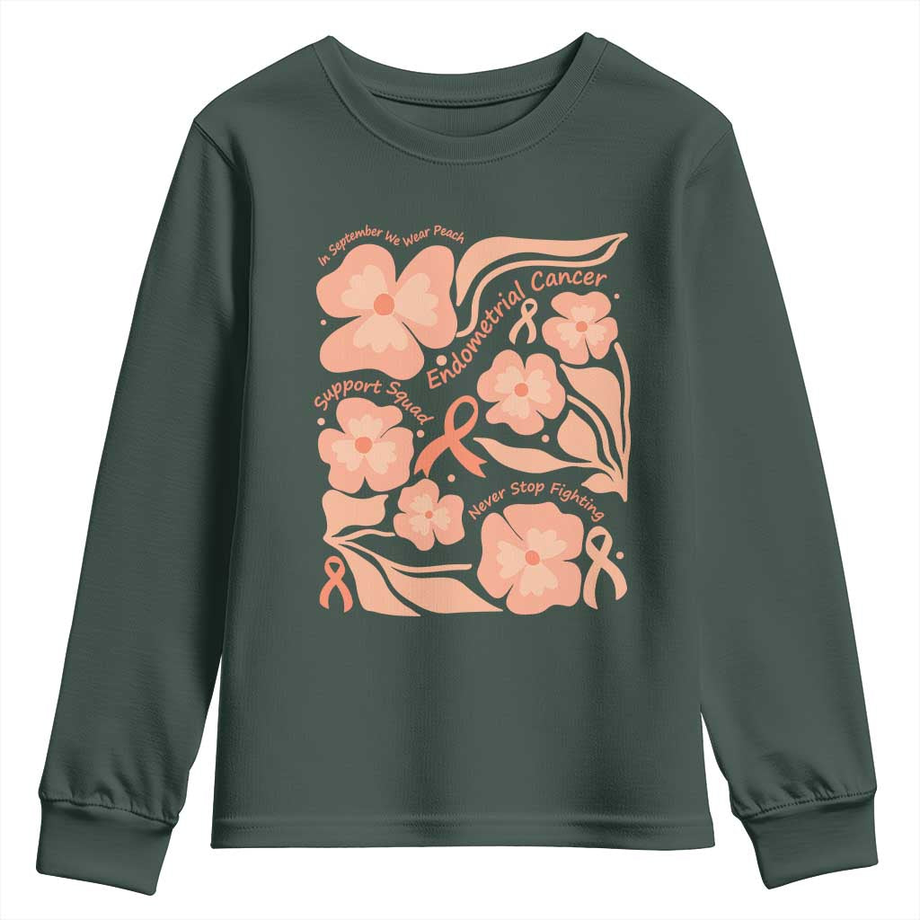 Endometrial Cancer Support Squad Floral Gift Youth Sweatshirt In September We Wear Peach