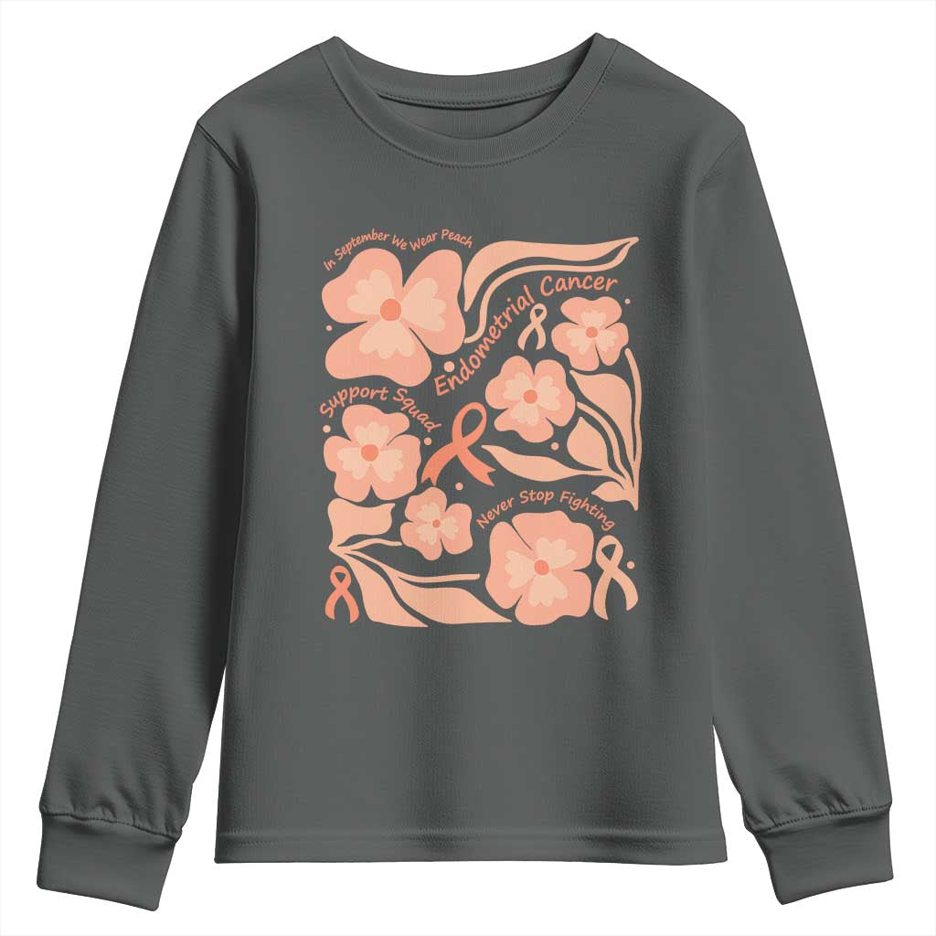 Endometrial Cancer Support Squad Floral Gift Youth Sweatshirt In September We Wear Peach