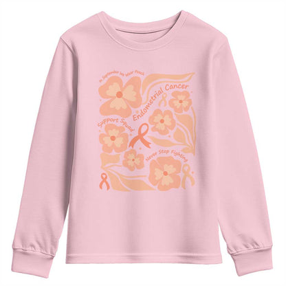 Endometrial Cancer Support Squad Floral Gift Youth Sweatshirt In September We Wear Peach