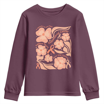 Endometrial Cancer Support Squad Floral Gift Youth Sweatshirt In September We Wear Peach