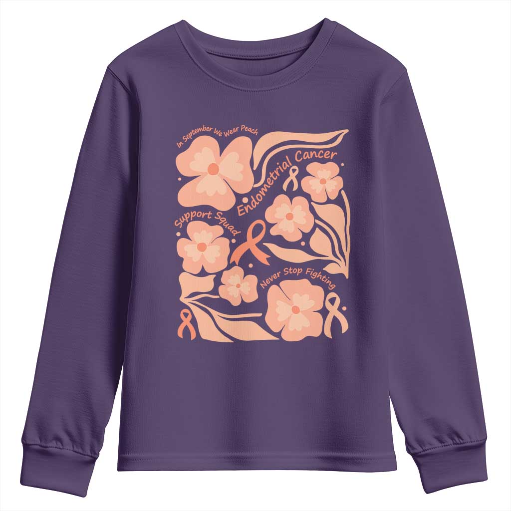 Endometrial Cancer Support Squad Floral Gift Youth Sweatshirt In September We Wear Peach