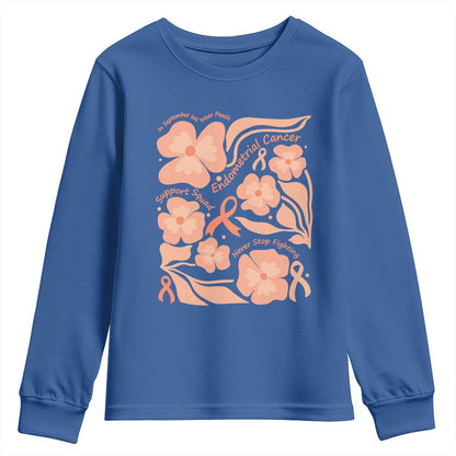 Endometrial Cancer Support Squad Floral Gift Youth Sweatshirt In September We Wear Peach