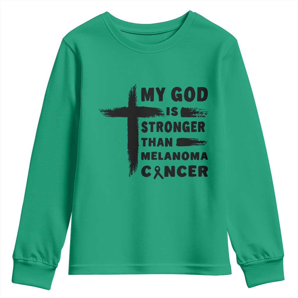 My God Is Stronger Than Melanoma Youth Sweatshirt Christian Cancer Support