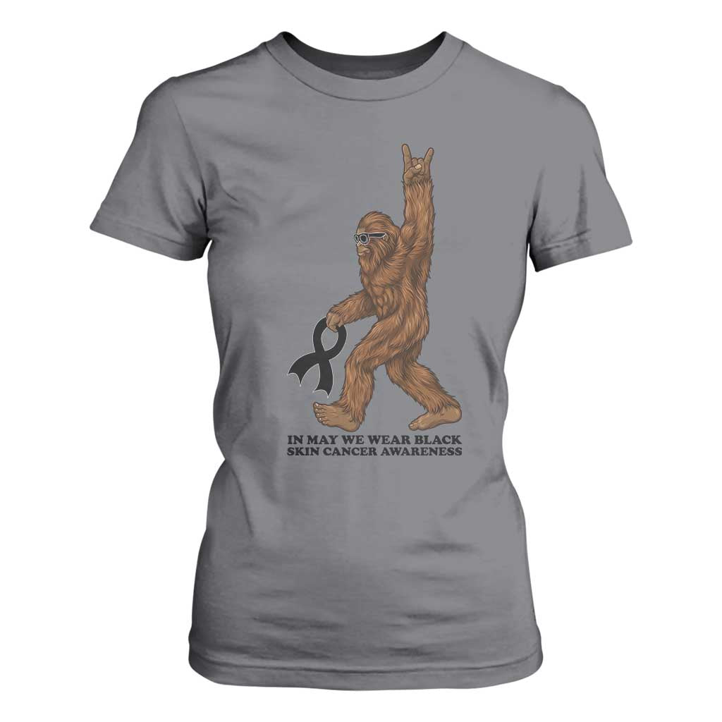Funny Bigfoot Skin Cancer Support T Shirt For Women In May We Wear Black