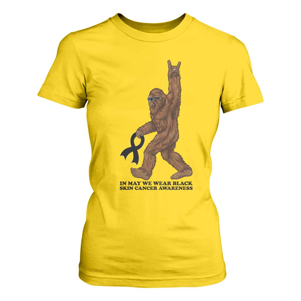 Funny Bigfoot Skin Cancer Support T Shirt For Women In May We Wear Black