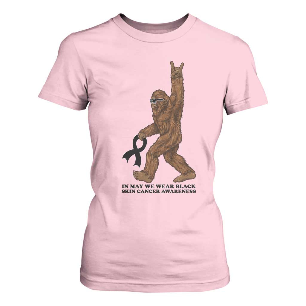 Funny Bigfoot Skin Cancer Support T Shirt For Women In May We Wear Black