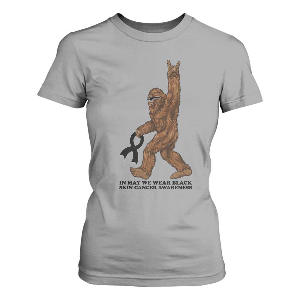 Funny Bigfoot Skin Cancer Support T Shirt For Women In May We Wear Black