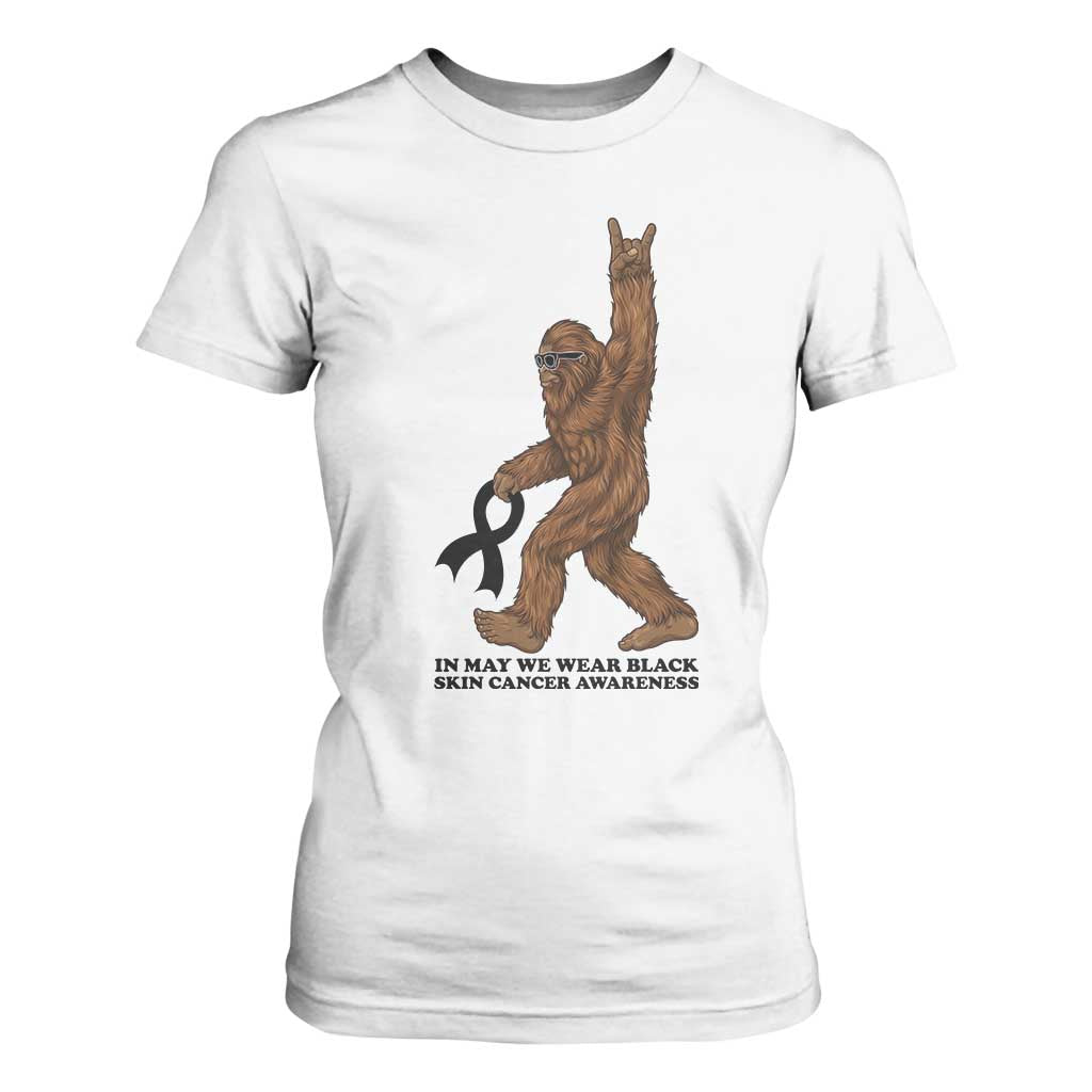 Funny Bigfoot Skin Cancer Support T Shirt For Women In May We Wear Black