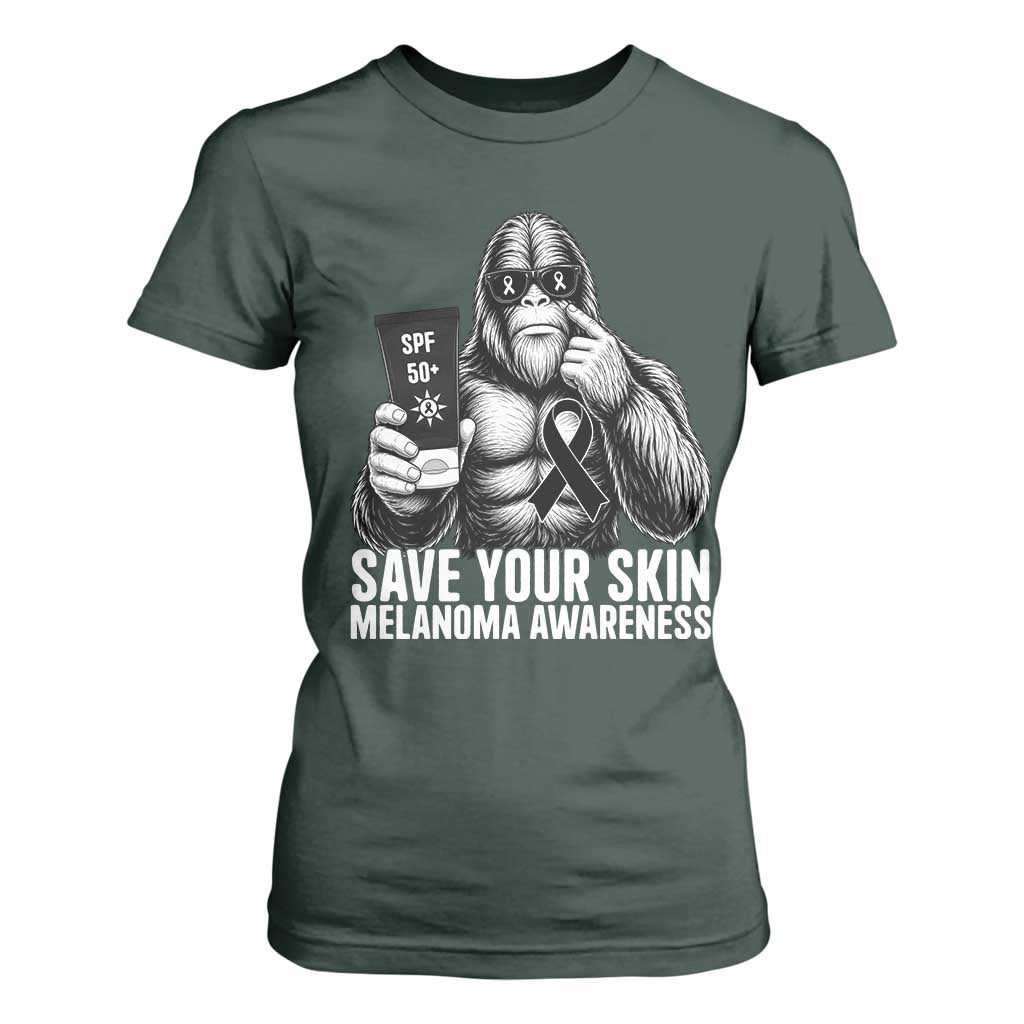 Bigfoot Save Your Skin T Shirt For Women Melanoma Warrior Support