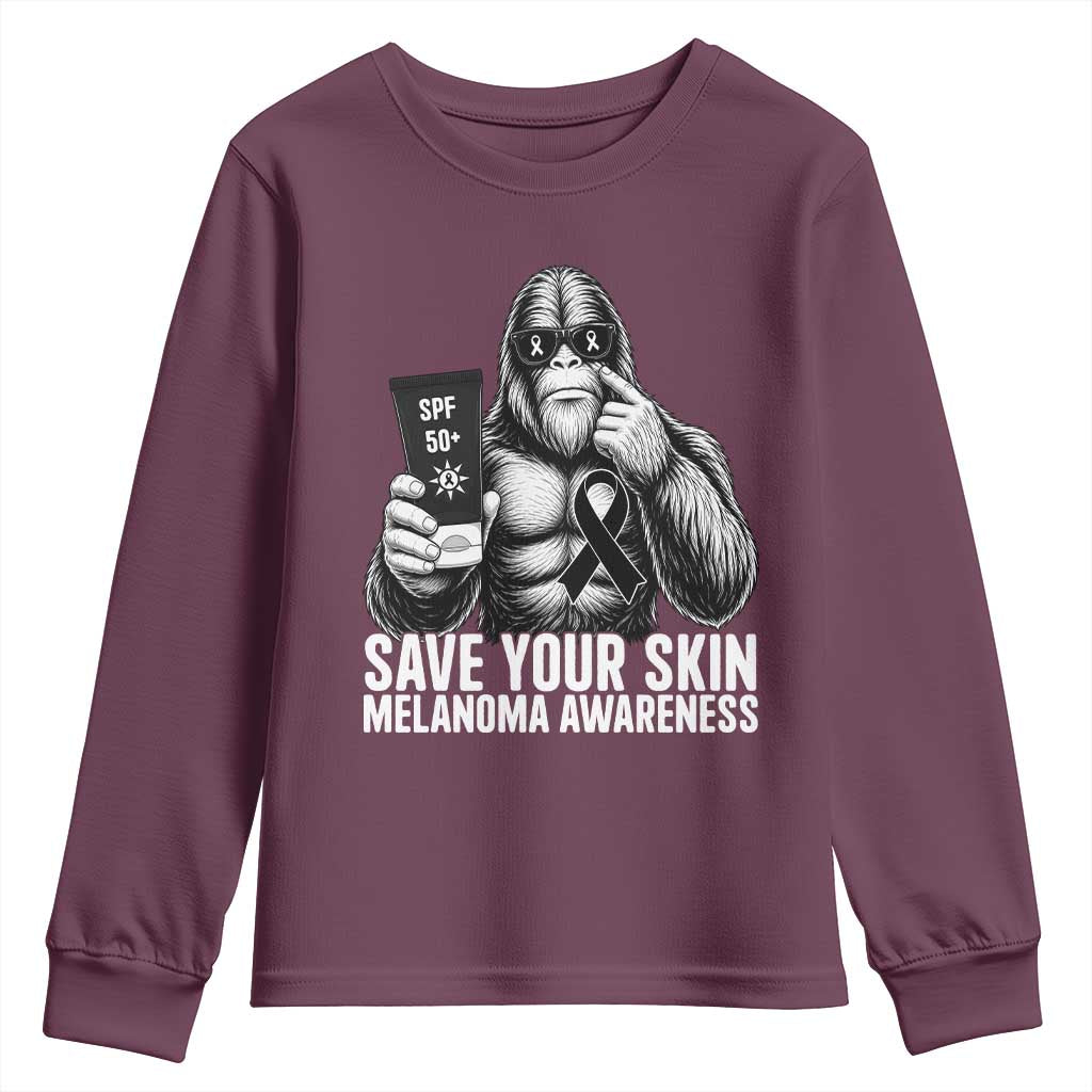 Bigfoot Save Your Skin Youth Sweatshirt Melanoma Warrior Support