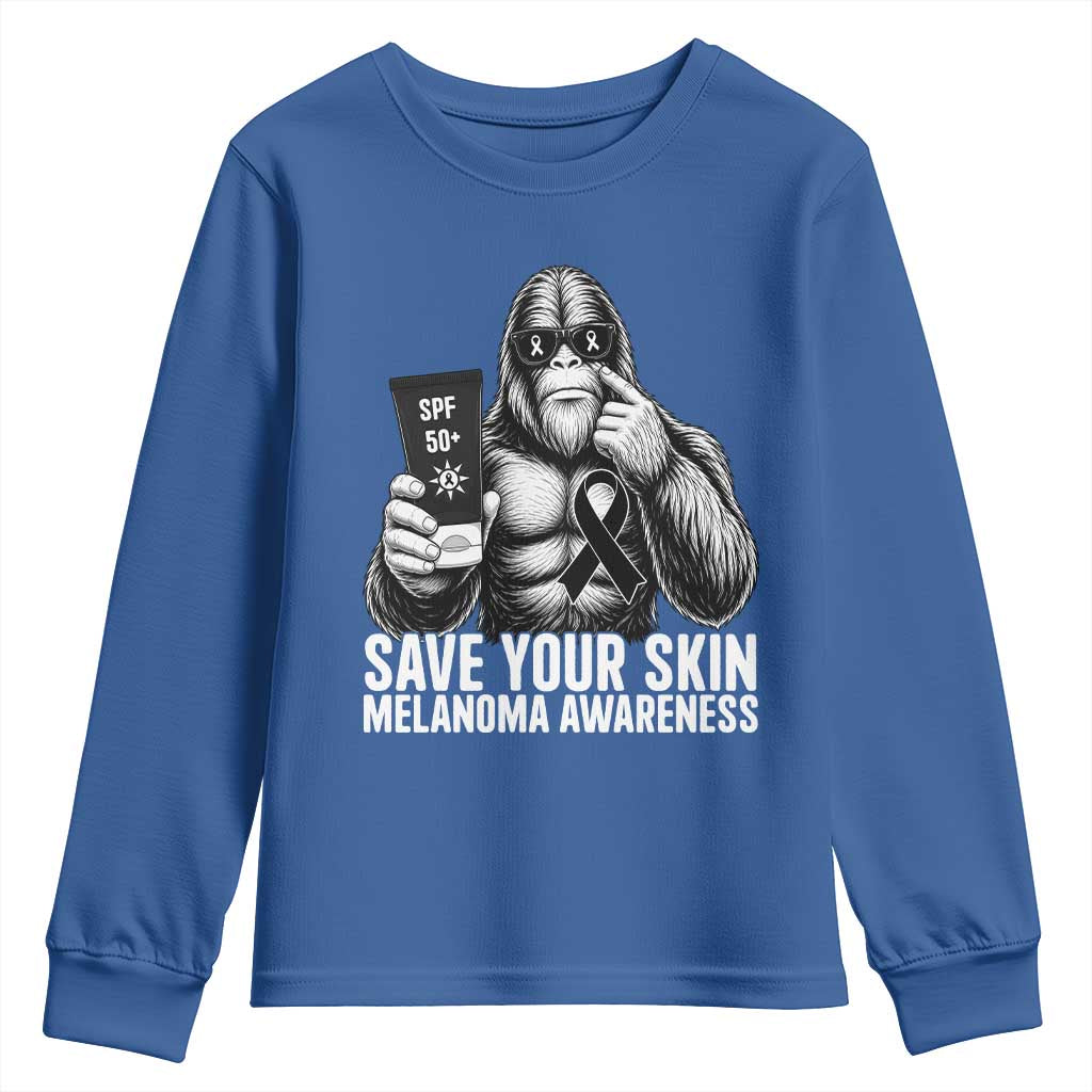 Bigfoot Save Your Skin Youth Sweatshirt Melanoma Warrior Support