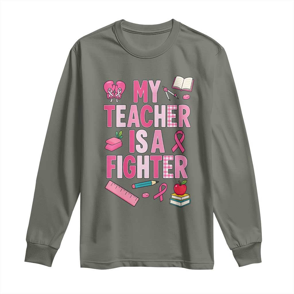 Breast Cancer Teacher Support Long Sleeve Shirt She Is A Fighter Pink Ribbon