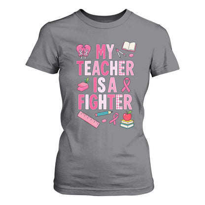 Breast Cancer Teacher Support T Shirt For Women She Is A Fighter Pink Ribbon