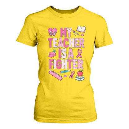 Breast Cancer Teacher Support T Shirt For Women She Is A Fighter Pink Ribbon