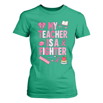 Breast Cancer Teacher Support T Shirt For Women She Is A Fighter Pink Ribbon
