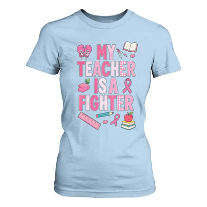 Breast Cancer Teacher Support T Shirt For Women She Is A Fighter Pink Ribbon