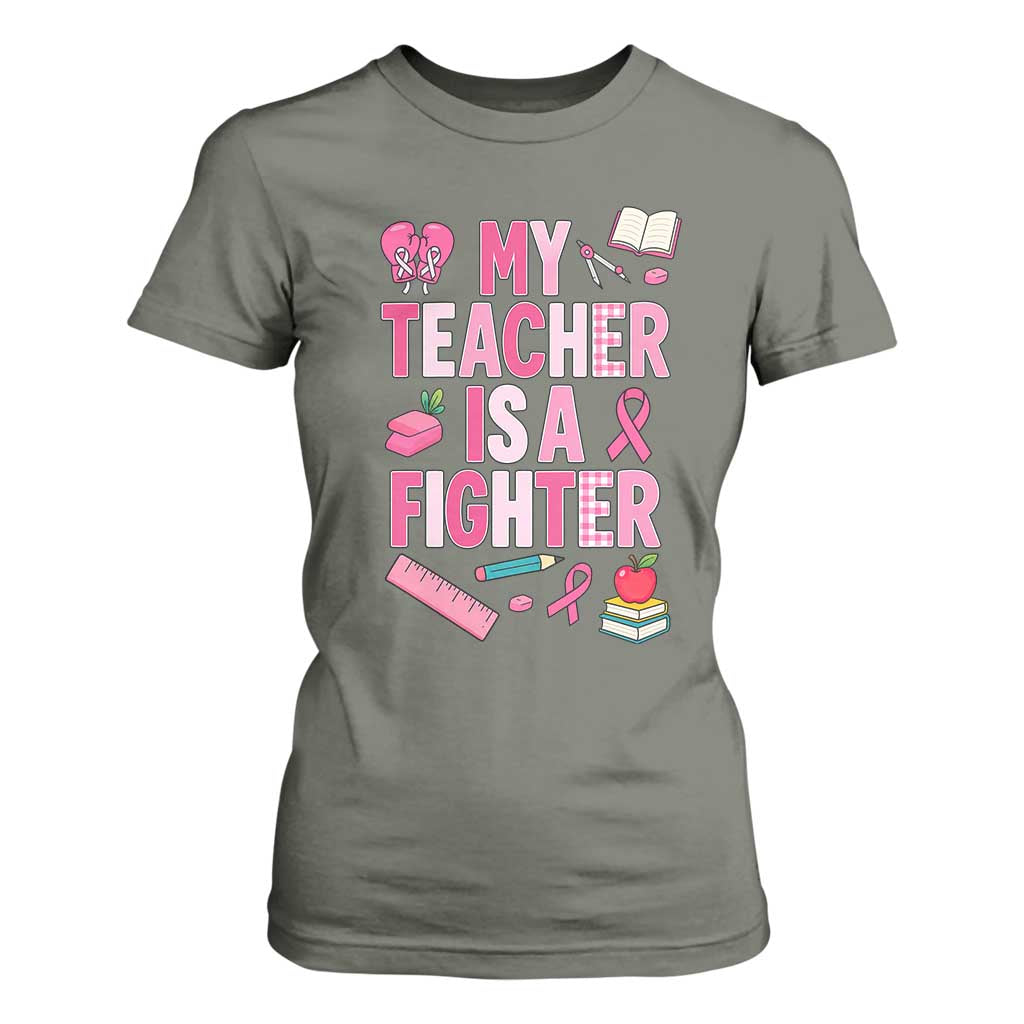 Breast Cancer Teacher Support T Shirt For Women She Is A Fighter Pink Ribbon