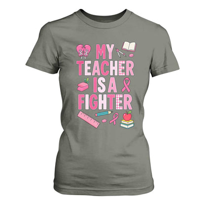 Breast Cancer Teacher Support T Shirt For Women She Is A Fighter Pink Ribbon
