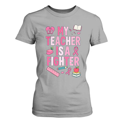 Breast Cancer Teacher Support T Shirt For Women She Is A Fighter Pink Ribbon