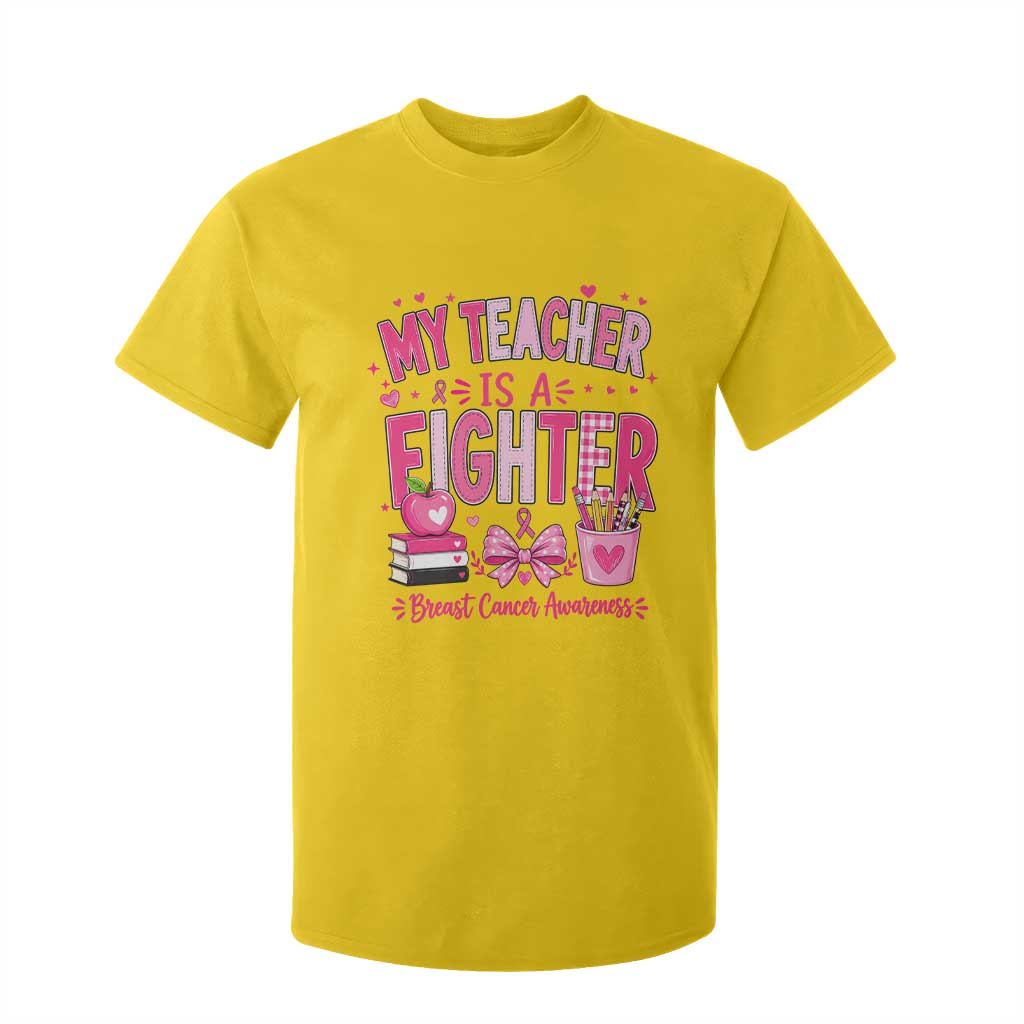 Pink Ribbon Teacher Support T Shirt For Kid She Is A Fighter Breast Cancer