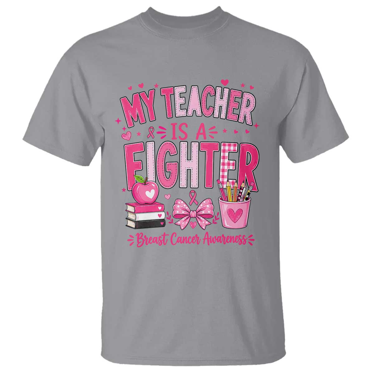 Pink Ribbon Teacher Support T Shirt She Is A Fighter Breast Cancer
