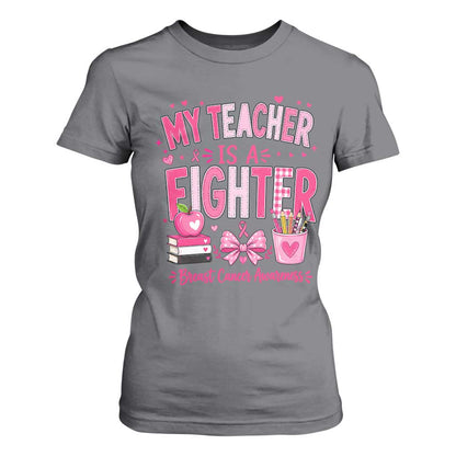 Pink Ribbon Teacher Support T Shirt For Women She Is A Fighter Breast Cancer