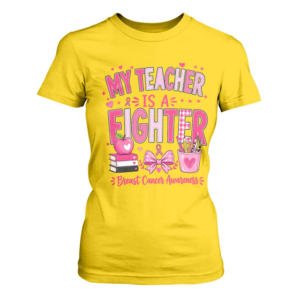 Pink Ribbon Teacher Support T Shirt For Women She Is A Fighter Breast Cancer